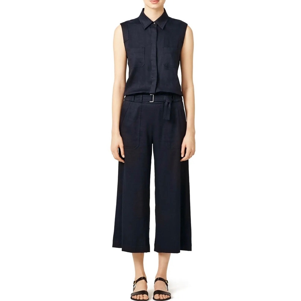 Vince Navy Blue Linen Blend Sleeveless Culotte Jumpsuit Belted Wide Leg 6